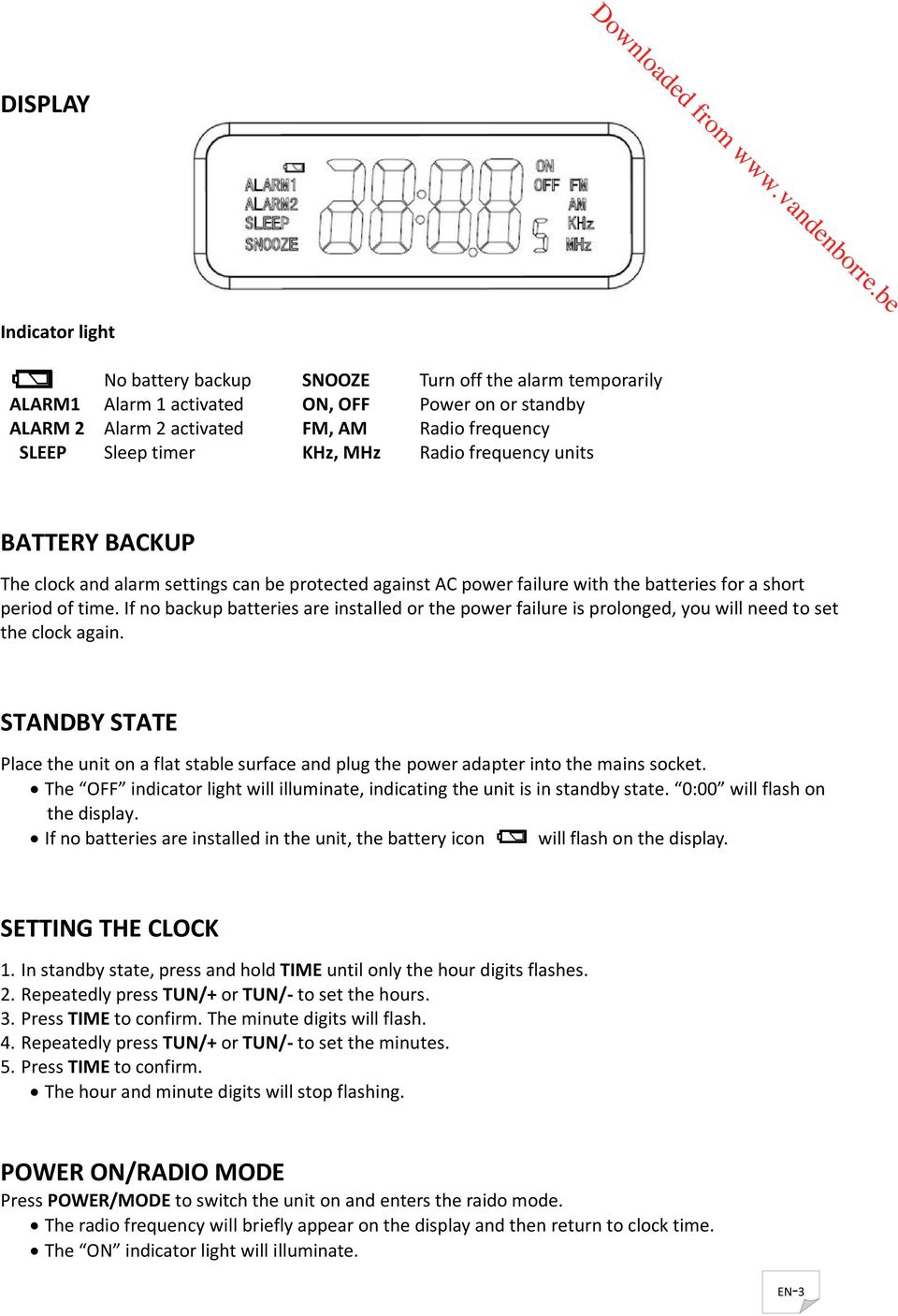 timer KHz, MHz Radio frequency units BATTERY BACKUP The clock and alarm settings can be protected against AC poer failure ith the batteries for a short period of time.