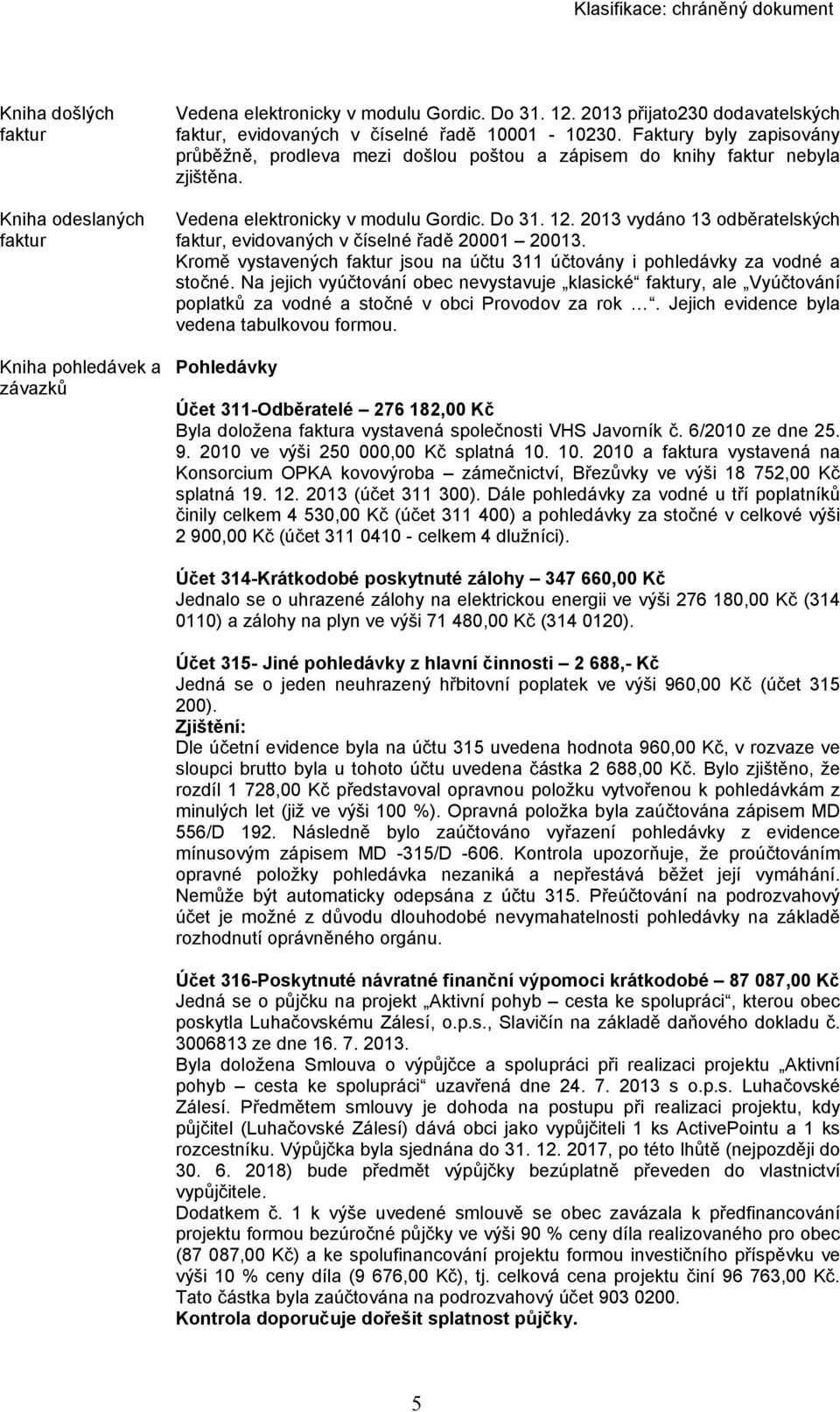 2013 vydáno 13 odběratelských faktur, evidovaných v číselné řadě 20001 20013. Kromě vystavených faktur jsou na účtu 311 účtovány i pohledávky za vodné a stočné.