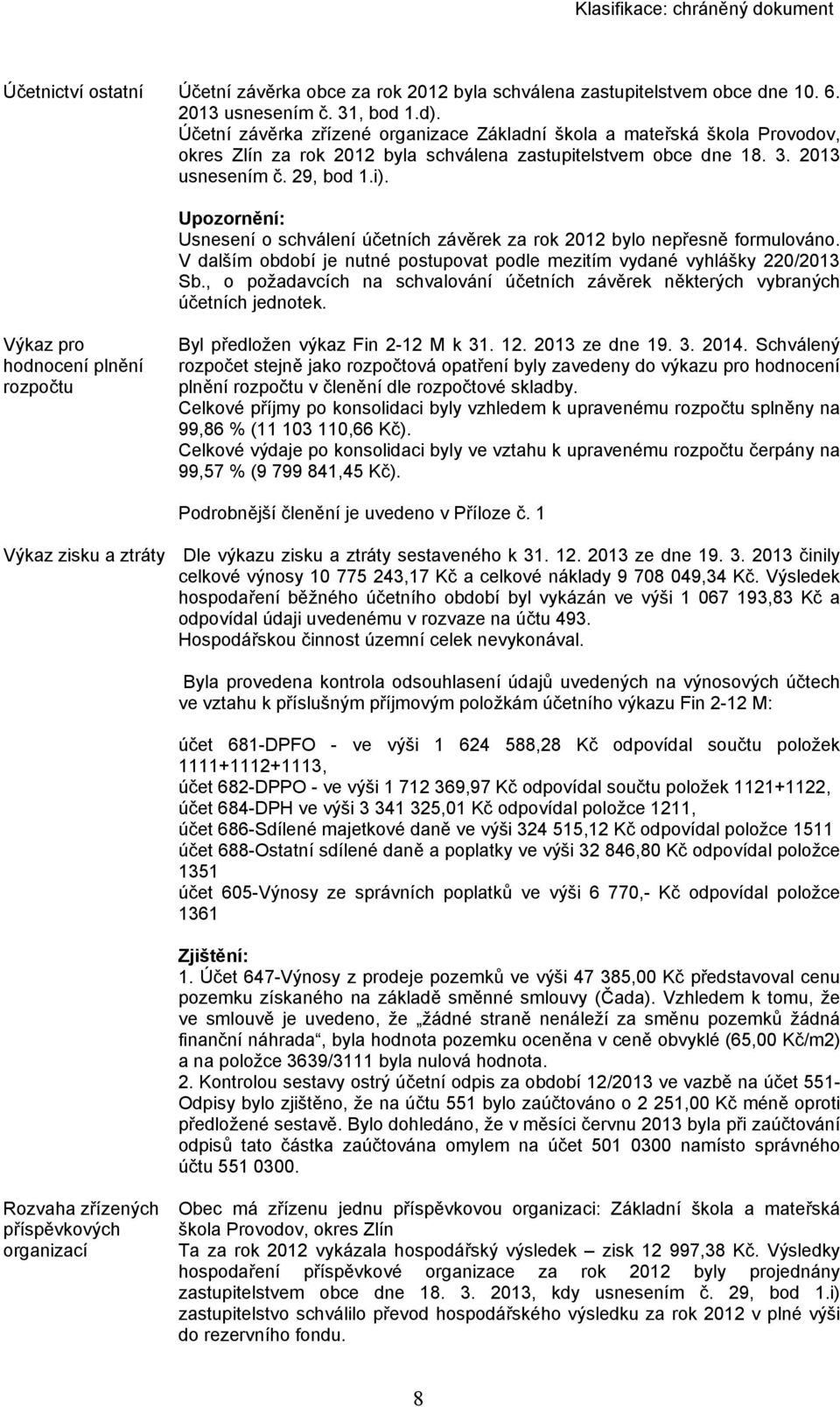 Upozornění: Usnesení o schválení účetních závěrek za rok 2012 bylo nepřesně formulováno. V dalším období je nutné postupovat podle mezitím vydané vyhlášky 220/2013 Sb.