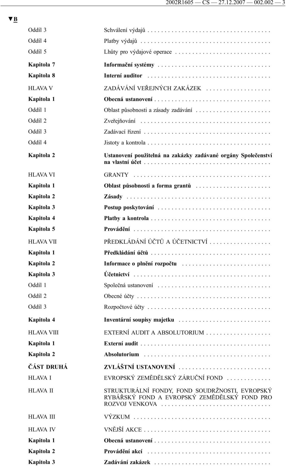 .... Kapitola 2 Ustanovení použitelná na zakázky zadávané orgány Společenství na vlastní účet... HLAVA VI GRANTY..... Kapitola 1 Oblast působnosti a forma grantů... Kapitola 2 Zásady.