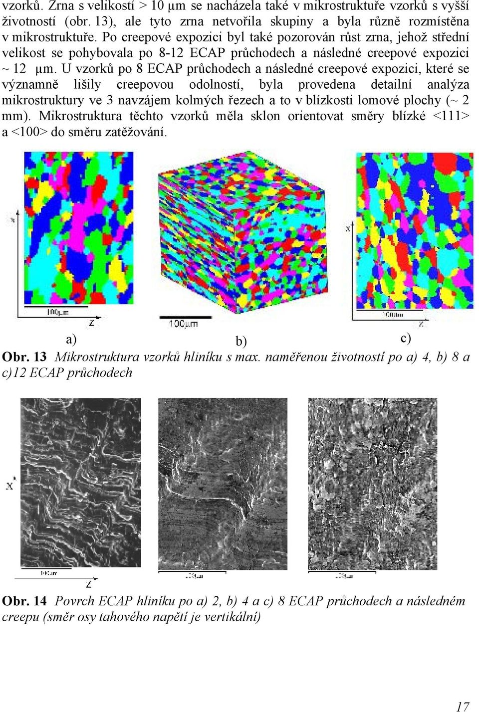 U vzorků po 8 ECAP průchodech a následné creepové expozici, které se významně lišily creepovou odolností, byla provedena detailní analýza mikrostruktury ve 3 navzájem kolmých řezech a to v blízkosti