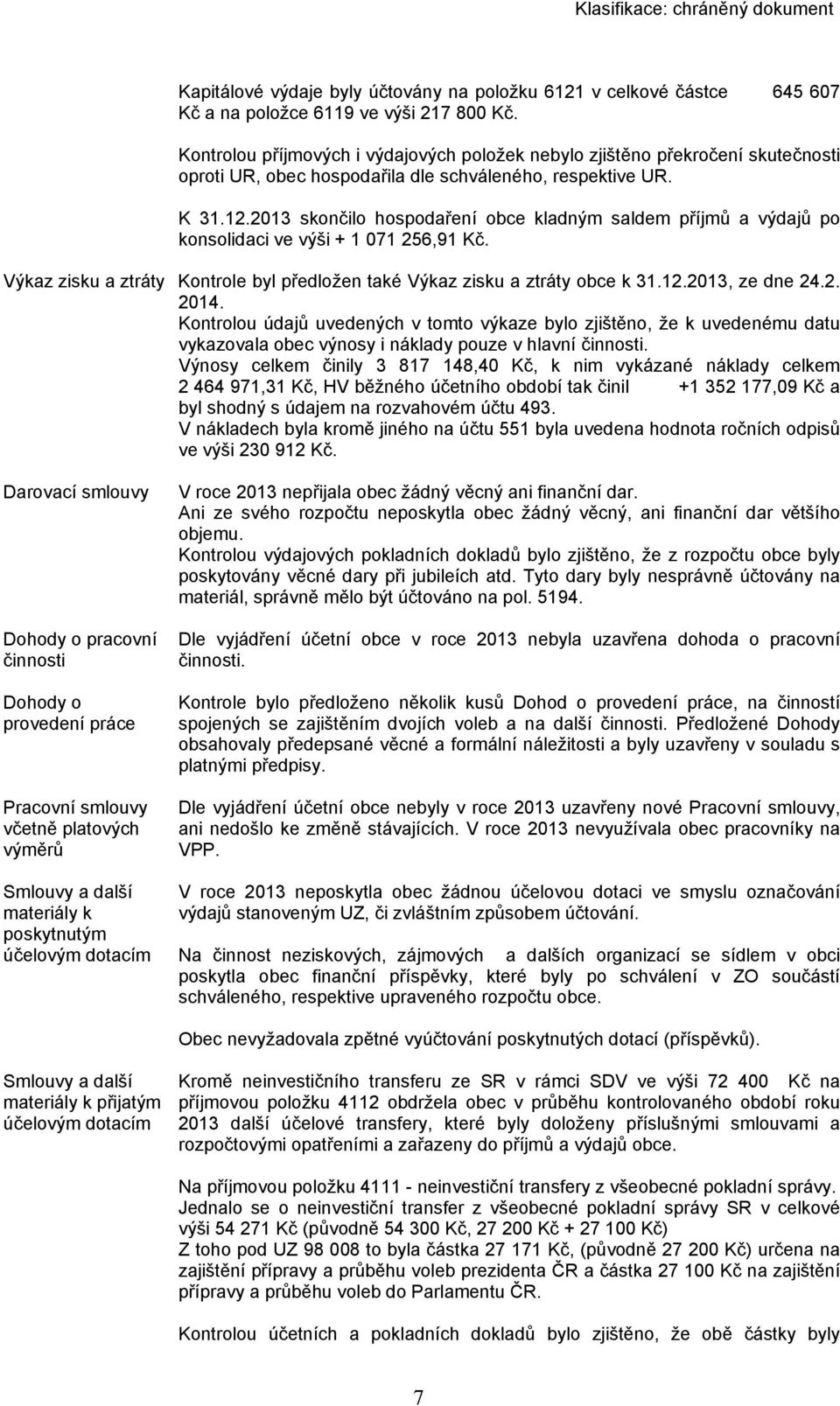 2013 skončilo hospodaření obce kladným saldem příjmů a výdajů po konsolidaci ve výši + 1 071 256,91 Kč. Výkaz zisku a ztráty Kontrole byl předložen také Výkaz zisku a ztráty obce k 31.12.