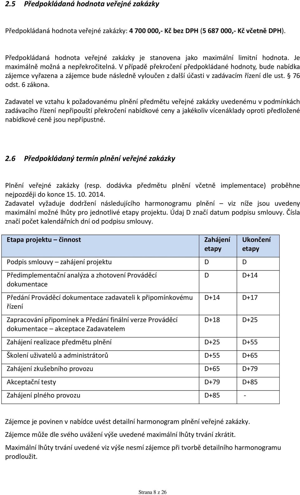 V případě překročení předpokládané hodnoty, bude nabídka zájemce vyřazena a zájemce bude následně vyloučen z další účasti v zadávacím řízení dle ust. 76 odst. 6 zákona.