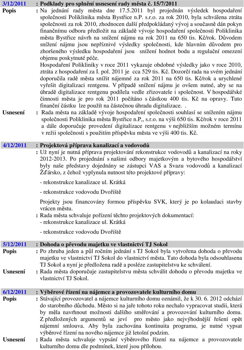 splnění usnesení rady města č. 15/7/2011 Pop