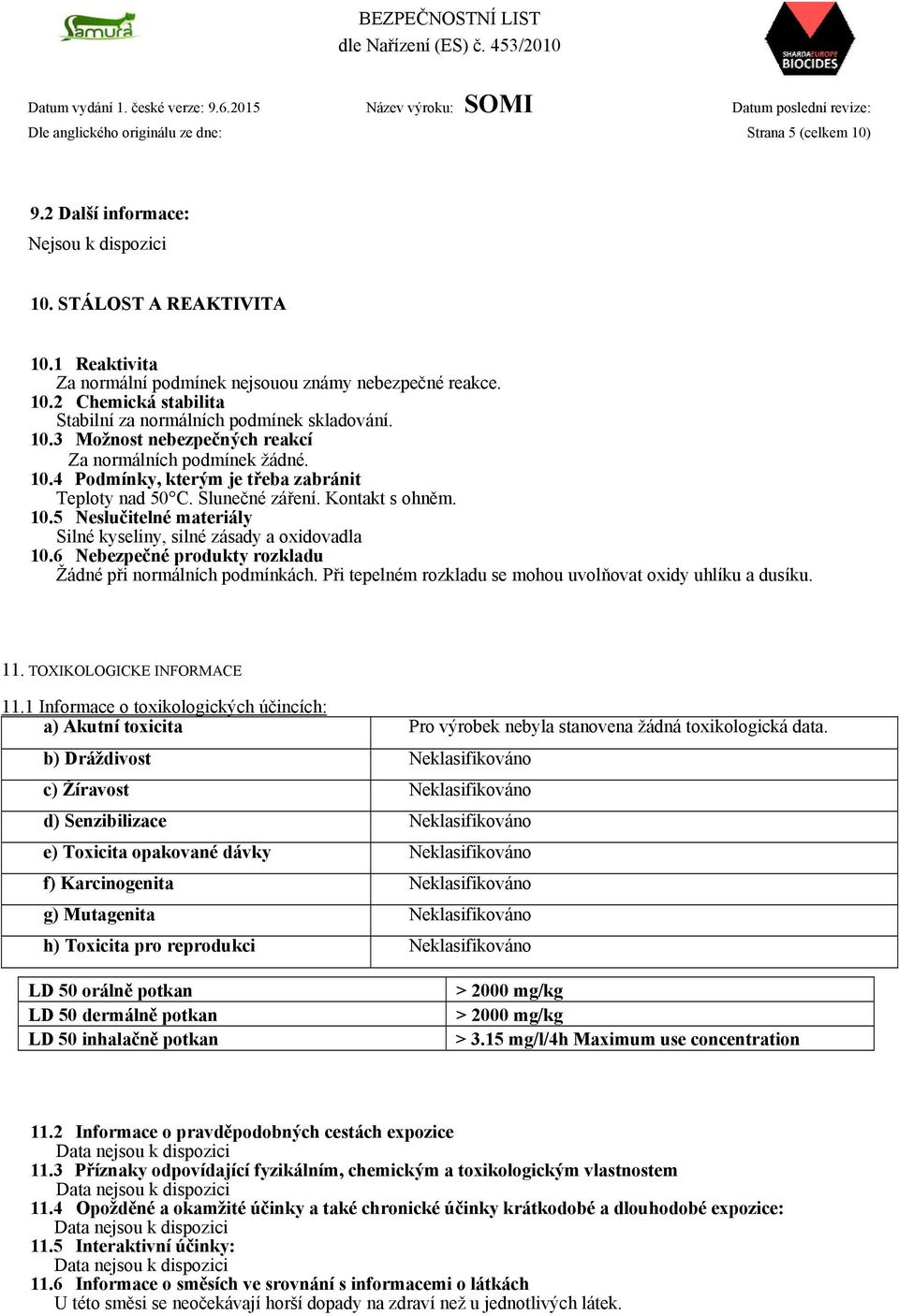 6 Nebezpečné produkty rozkladu Žádné při normálních podmínkách. Při tepelném rozkladu se mohou uvolňovat oxidy uhlíku a dusíku. 11. TOXIKOLOGICKE INFORMACE 11.