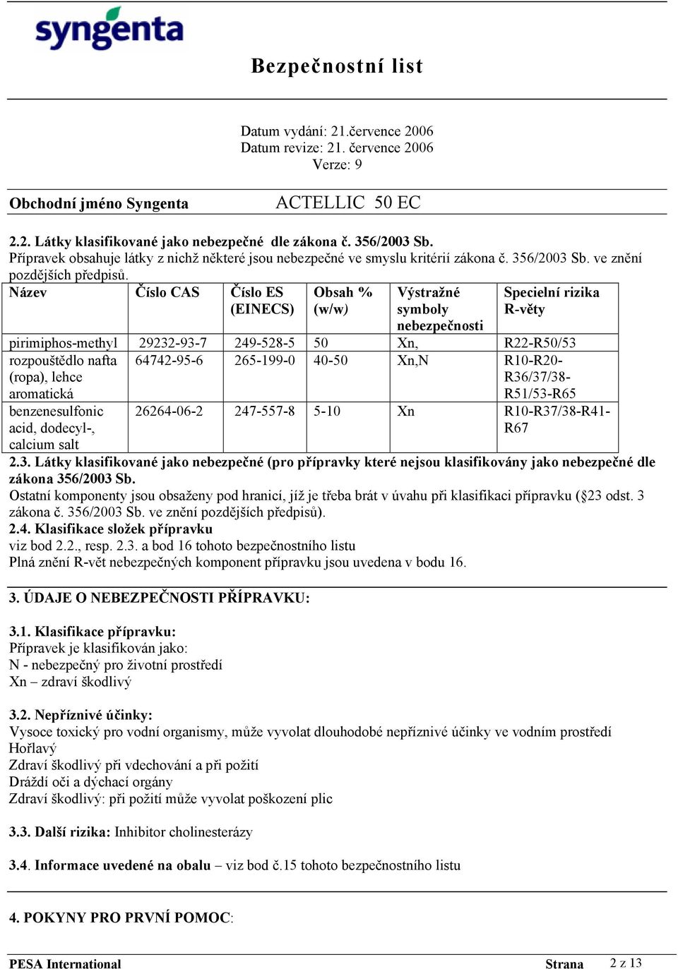 aromatická 64742-95-6 265-199-0 40-50 Xn,N R10-R20- R36/37/38- R51/53-R65 benzenesulfonic acid, dodecyl-, calcium salt 26264-06-2 247-557-8 5-10 Xn R10-R37/38-R41- R67 2.3. Látky klasifikované jako nebezpečné (pro přípravky které nejsou klasifikovány jako nebezpečné dle zákona 356/2003 Sb.