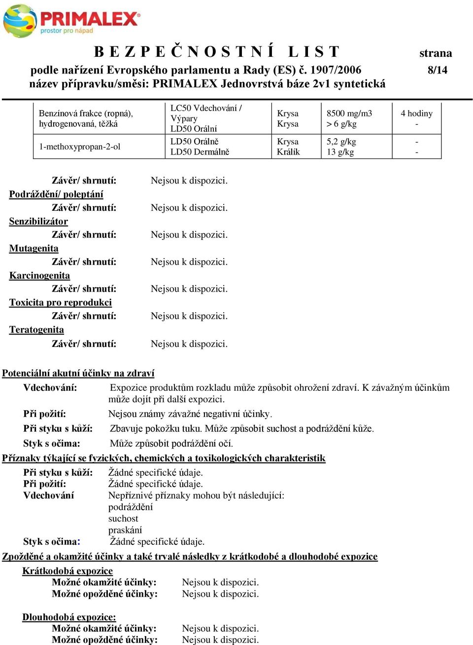 13 g/kg 4 hodiny - - - Závěr/ shrnutí: Podráždění/ poleptání Závěr/ shrnutí: Senzibilizátor Závěr/ shrnutí: Mutagenita Závěr/ shrnutí: Karcinogenita Závěr/ shrnutí: Toxicita pro reprodukci Závěr/