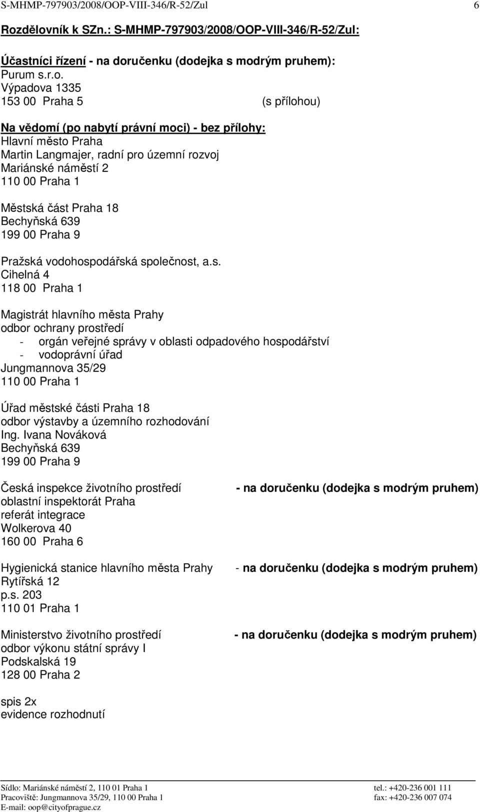 právní moci) - bez přílohy: Hlavní město Praha Martin Langmajer, radní pro územní rozvoj Mariánské náměstí 2 110 00 Praha 1 Městská část Praha 18 Bechyňská 639 199 00 Praha 9 Pražská vodohospodářská