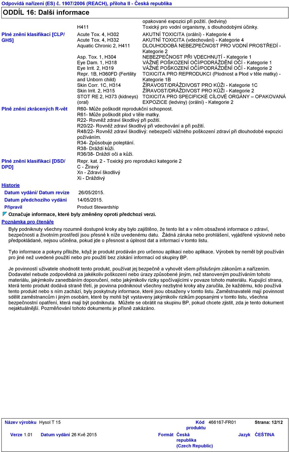 předchozího vydání Připravil Poznámka pro čtenáře H411 26/05/2015. 14/05/2015. Product Stewardship Označuje informace, které byly změněny oproti předchozí verzi. opakované expozici při požití.