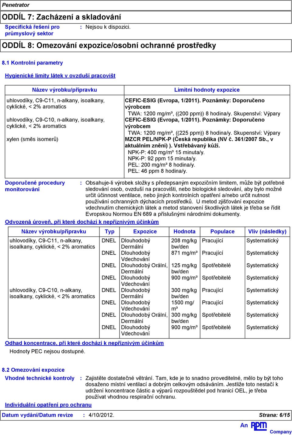 CEFIC-ESIG (Evropa, 1/2011). Poznámky Doporučeno výrobcem TWA 1200 mg/m³, ((200 ppm)) 8 hodina/y. Skupenství Výpary CEFIC-ESIG (Evropa, 1/2011).