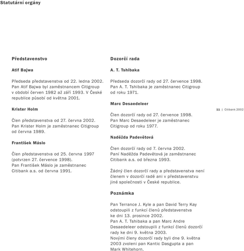 června 1997 (potvrzen 27. července 1998). Pan František Máslo je zaměstnanec Citibank a.s. od června 1991. Předseda dozorčí rady od 27. července 1998. Pan A. T.