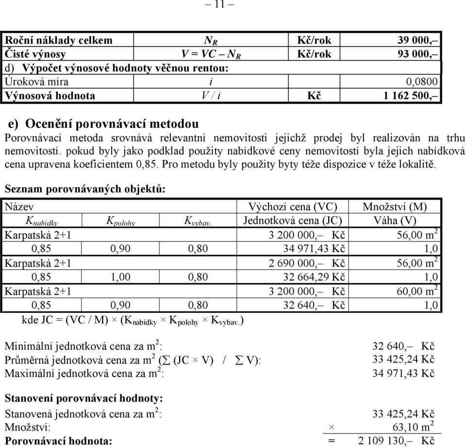 pokud byly jako podklad použity nabídkové ceny nemovitostí byla jejich nabídková cena upravena koeficientem 0,85. Pro metodu byly použity byty téže dispozice v téže lokalitě.