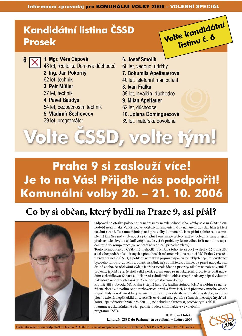 Ivan Fialka 39 let, invalidní důchodce 9. Milan Apeltauer 62 let, důchodce 10. Jolana Domínguezová 39 let, mateřská dovolená Volte kandidátní listinu č. 6 Volte ČSSD, volte tým!