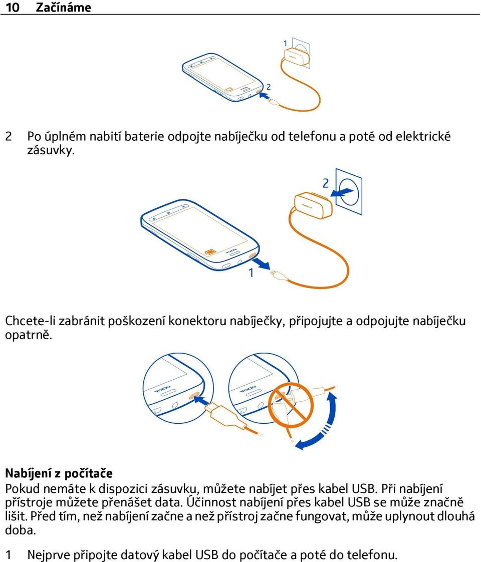 Nabíjení z počítače Pokud nemáte k dispozici zásuvku, můžete nabíjet přes kabel USB. Při nabíjení přístroje můžete přenášet data.