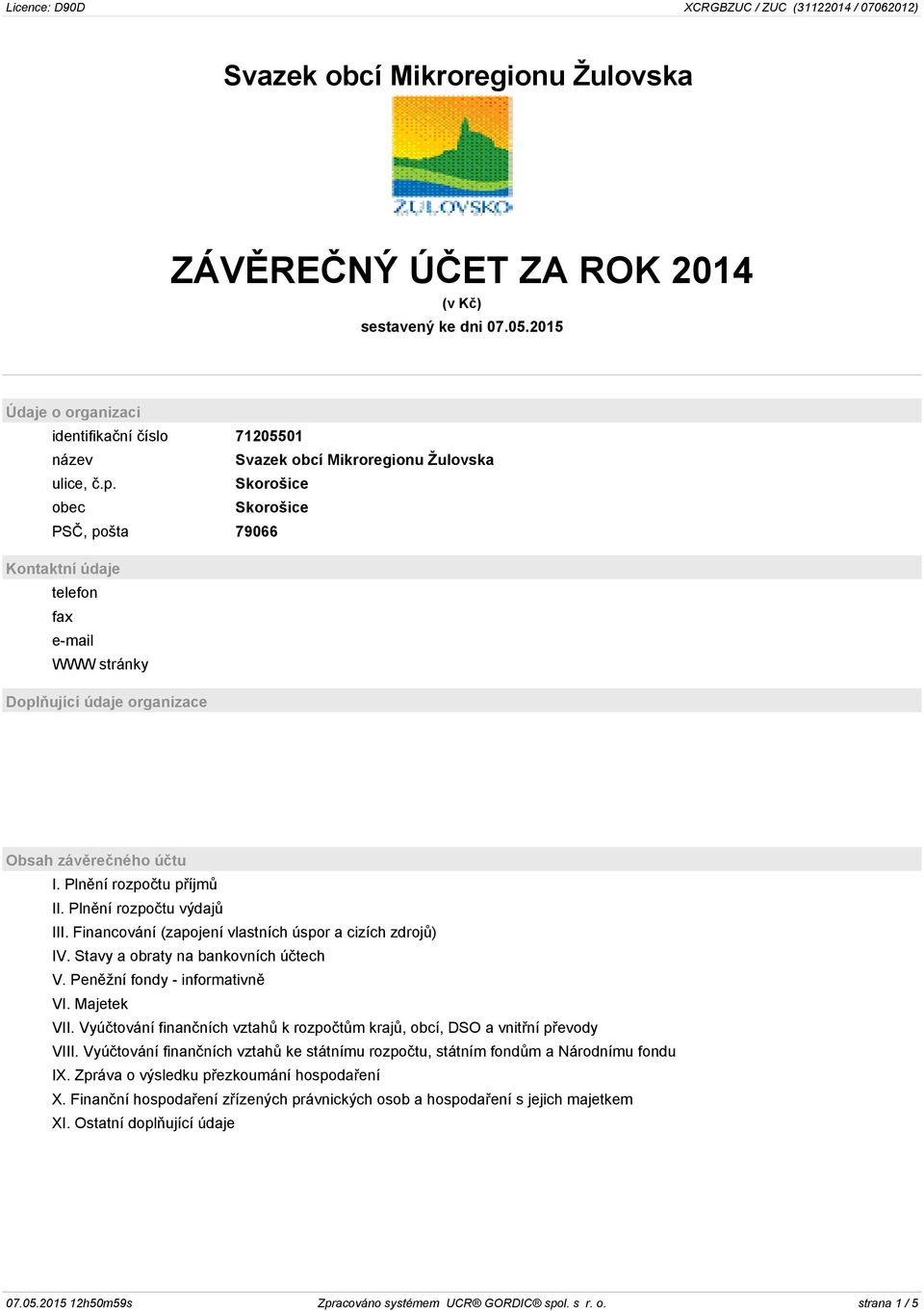 Skorošice obec Skorošice PSČ, pošta 79066 Kontaktní údaje telefon fax e-mail WWW stránky Doplňující údaje organizace Obsah závěrečného účtu I. Plnění rozpočtu příjmů II. Plnění rozpočtu výdajů III.