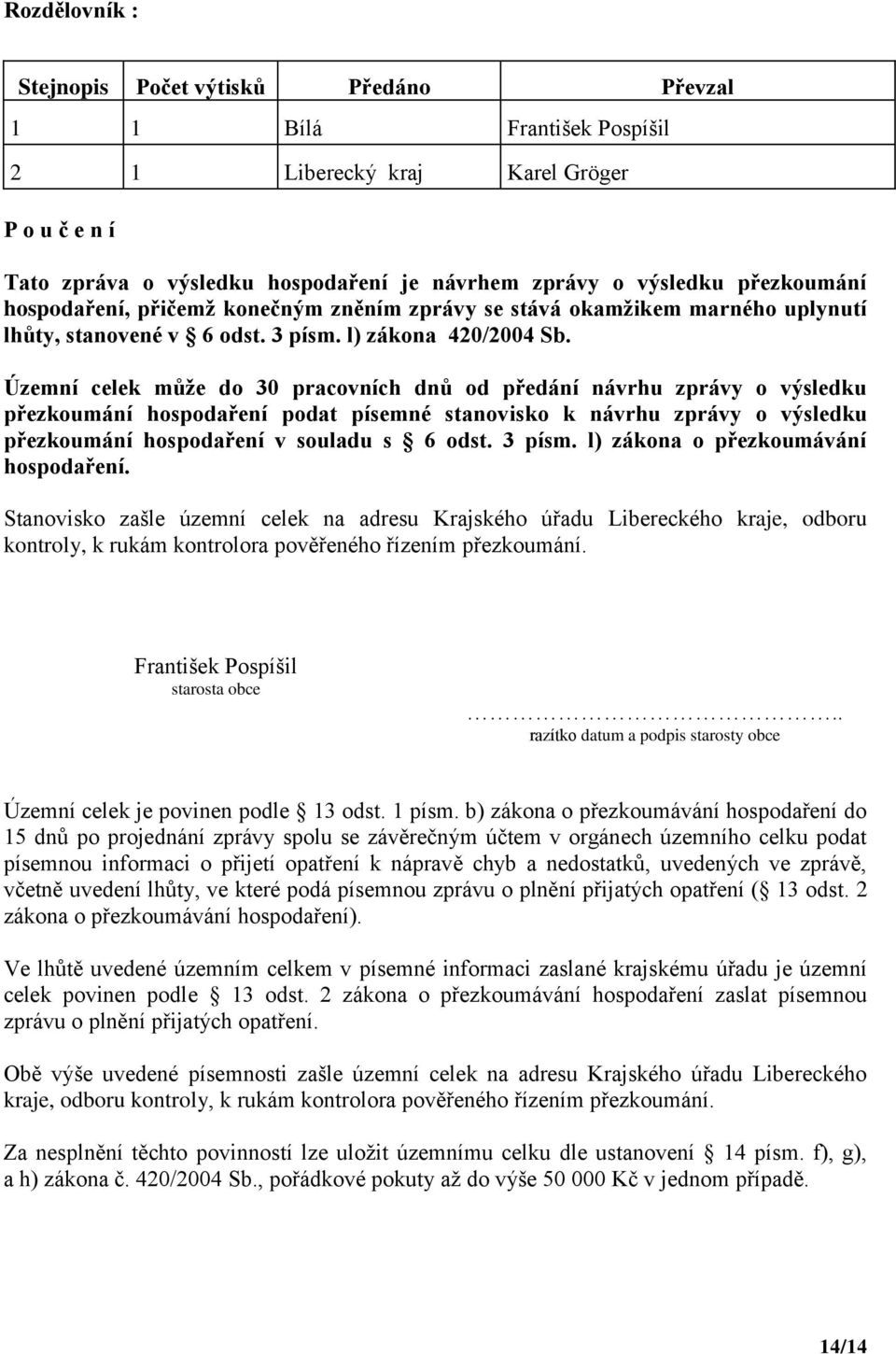 Územní celek může do 30 pracovních dnů od předání návrhu zprávy o výsledku přezkoumání hospodaření podat písemné stanovisko k návrhu zprávy o výsledku přezkoumání hospodaření v souladu s 6 odst.