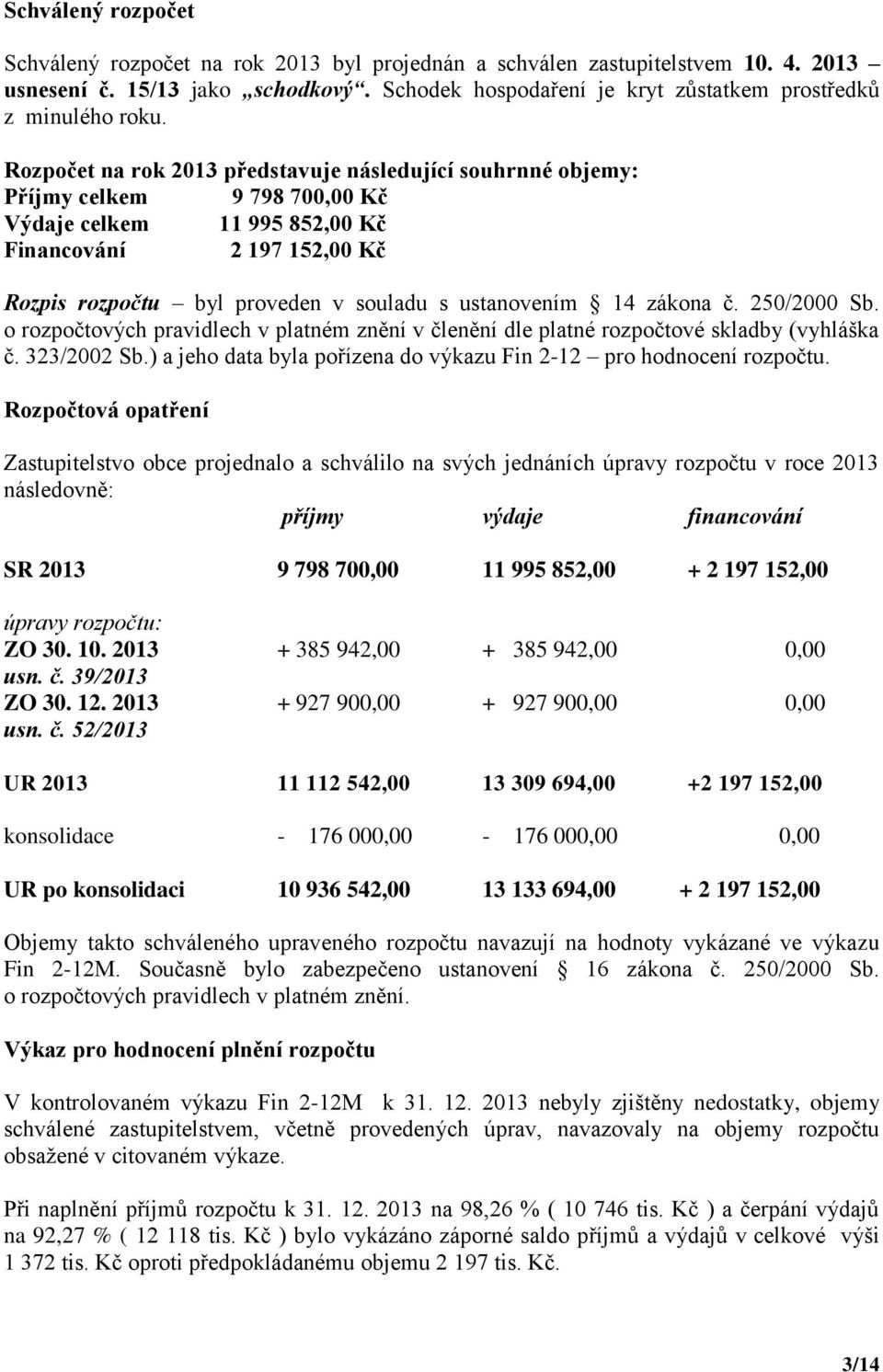 Rozpočet na rok 2013 představuje následující souhrnné objemy: Příjmy celkem 9 798 700,00 Kč Výdaje celkem 11 995 852,00 Kč Financování 2 197 152,00 Kč Rozpis rozpočtu byl proveden v souladu s