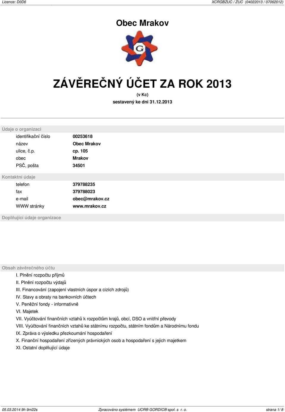 Plnění rozpočtu příjmů II. Plnění rozpočtu výdajů III. Financování (zapojení vlastních úspor a cizích zdrojů) IV. Stavy a obraty na bankovních účtech V. Peněžní fondy - informativně VI. Majetek VII.