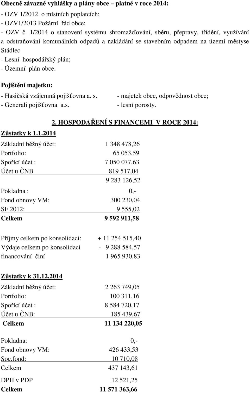 Územní plán obce. Pojištění majetku: - Hasičská vzájemná pojišťovna a. s. - majetek obce, odpovědnost obce; - Generali pojišťovna a.s. - lesní porosty. Zůstatky k 1.1.2014 2.