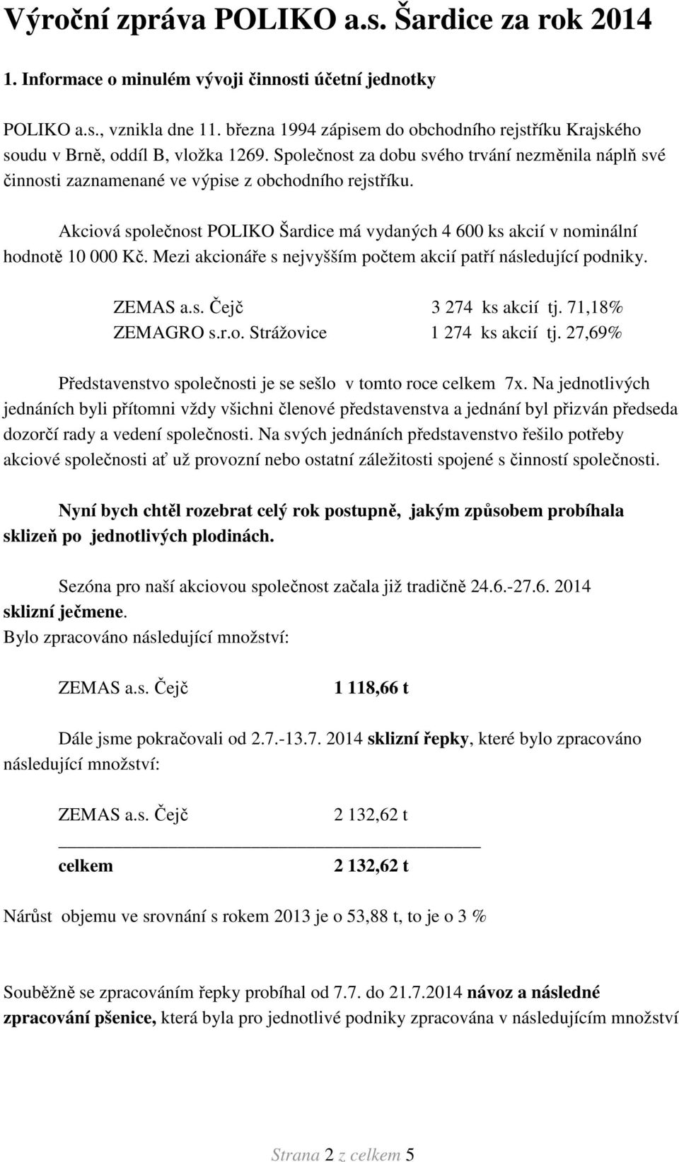 Akciová společnost POLIKO Šardice má vydaných 4 600 ks akcií v nominální hodnotě 10 000 Kč. Mezi akcionáře s nejvyšším počtem akcií patří následující podniky. ZEMAS a.s. Čejč 3 274 ks akcií tj.