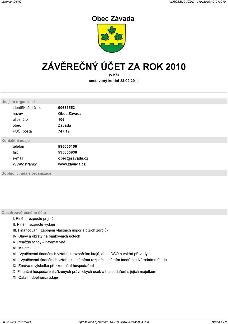 Plnìní rozpoètu pøíjmù II. Plnìní rozpoètu výdajù III. Financování (zapojení vlastních úspor a cizích zdrojù) IV. Stavy a obraty na bankovních úètech V. Penìžní fondy - informativnì VI. Majetek VII.