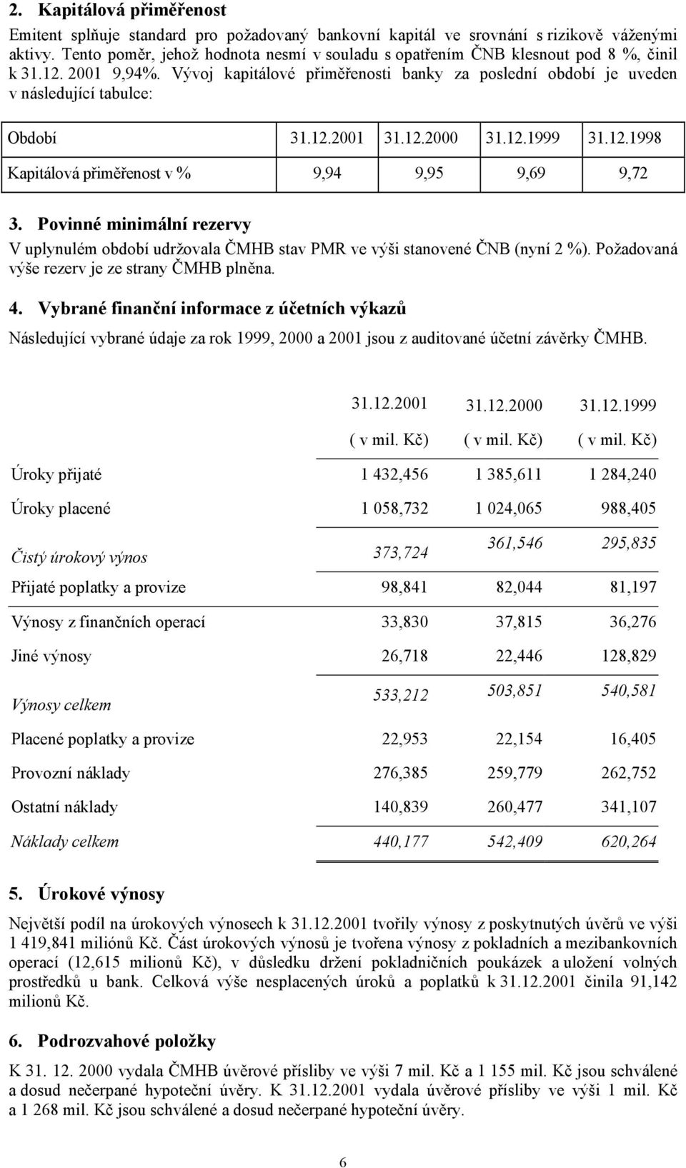 Vývoj kapitálové přiměřenosti banky za poslední období je uveden v následující tabulce: Období 31.12.2001 31.12.2000 31.12.1999 31.12.1998 Kapitálová přiměřenost v % 9,94 9,95 9,69 9,72 3.