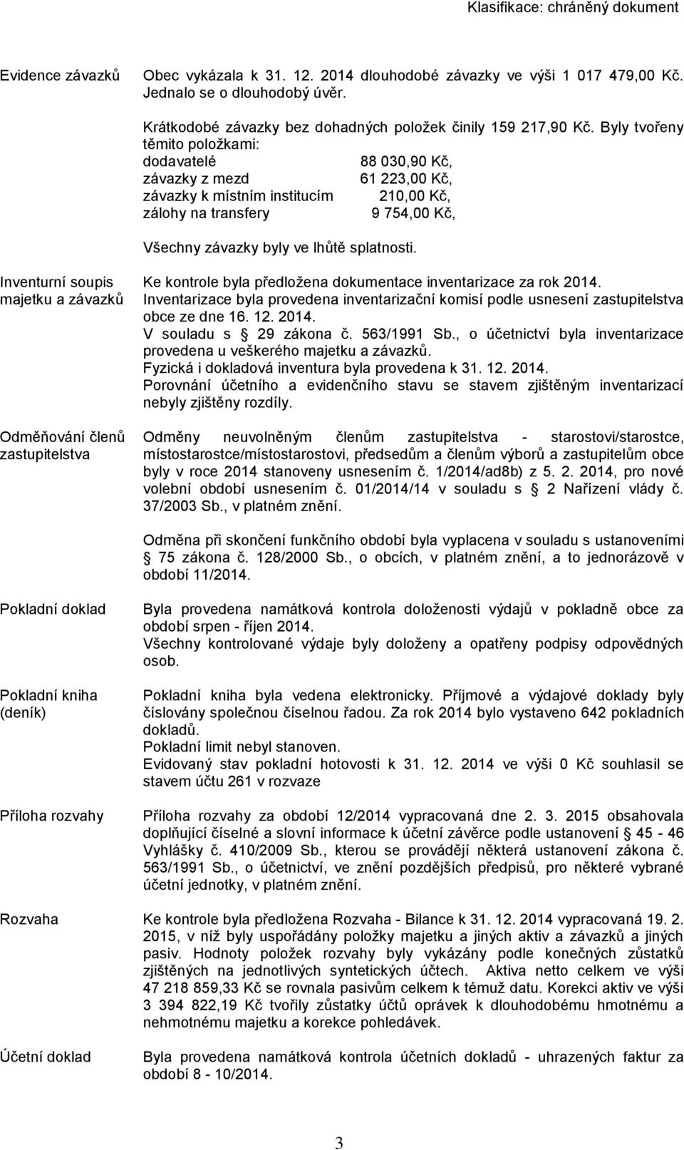 Inventurní soupis majetku a závazků Odměňování členů zastupitelstva Ke kontrole byla předložena dokumentace inventarizace za rok 2014.