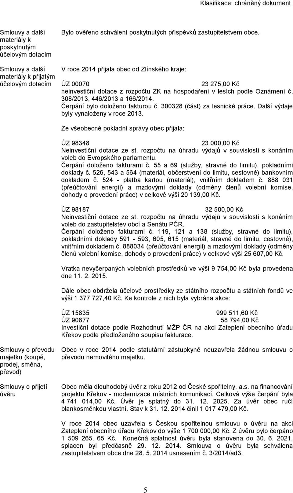 Čerpání bylo doloženo fakturou č. 300328 (část) za lesnické práce. Další výdaje byly vynaloženy v roce 2013. Ze všeobecné pokladní správy obec přijala: ÚZ 98348 23 000,00 Kč Neinvestiční dotace ze st.