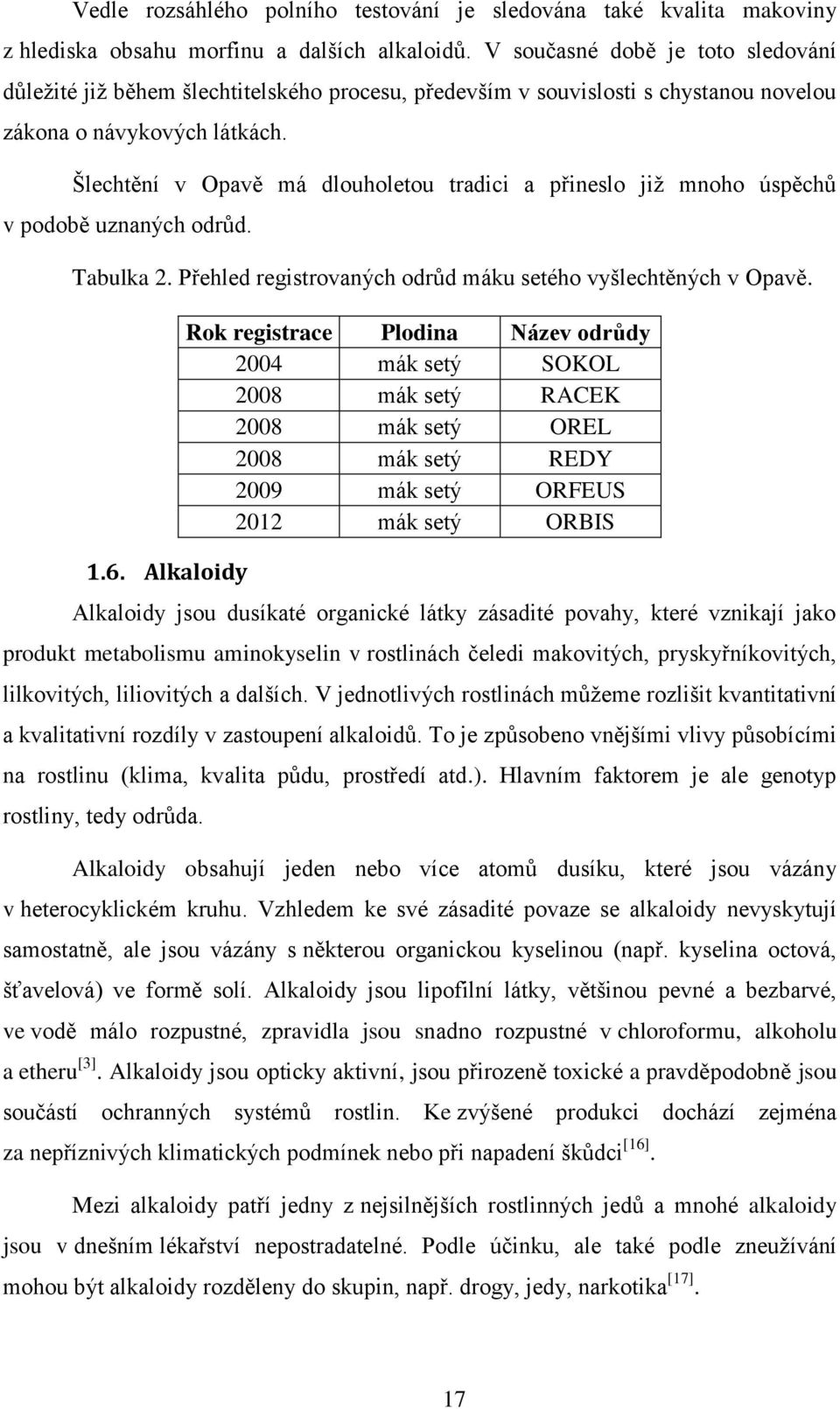 Šlechtění v Opavě má dlouholetou tradici a přineslo již mnoho úspěchů v podobě uznaných odrůd. Tabulka 2. Přehled registrovaných odrůd máku setého vyšlechtěných v Opavě. 1.6.