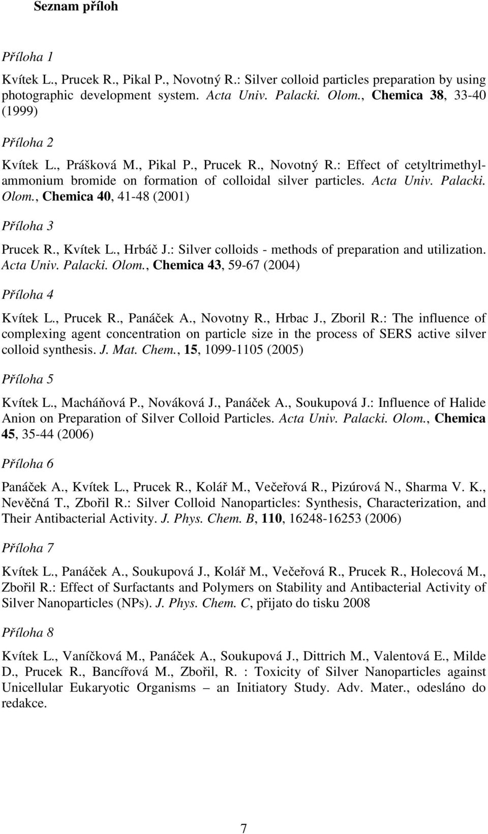 Olom., Chemica 40, 41-48 (2001) Příloha 3 Prucek R., Kvítek L., Hrbáč J.: Silver colloids - methods of preparation and utilization. Acta Univ. Palacki. Olom.