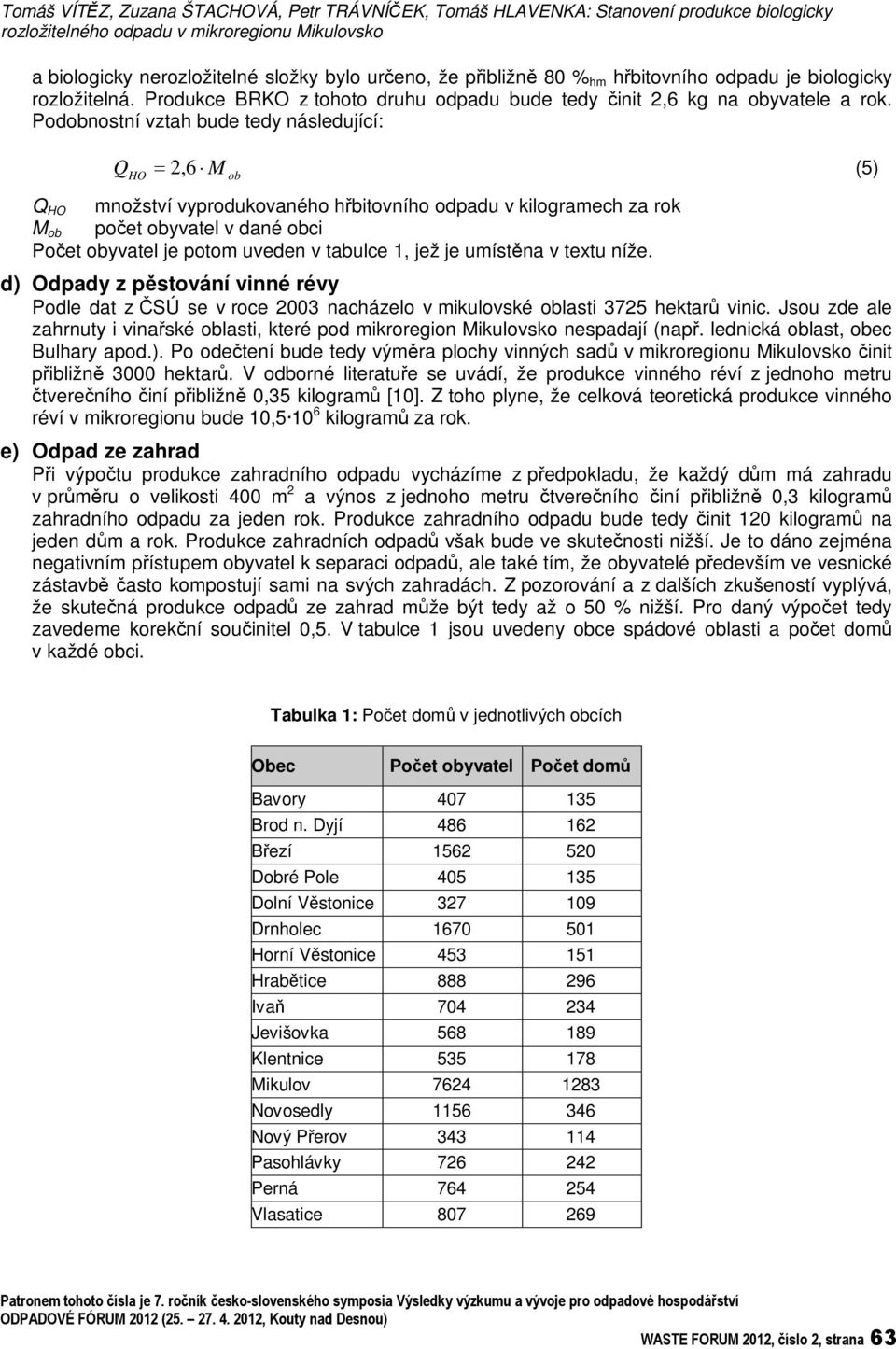 Podobnostní vztah bude tedy následující: Q HO M ob Q 2, 6 (5) HO M ob množství vyprodukovaného hbitovního odpadu v kilogramech za rok poet obyvatel v dané obci Poet obyvatel je potom uveden v tabulce