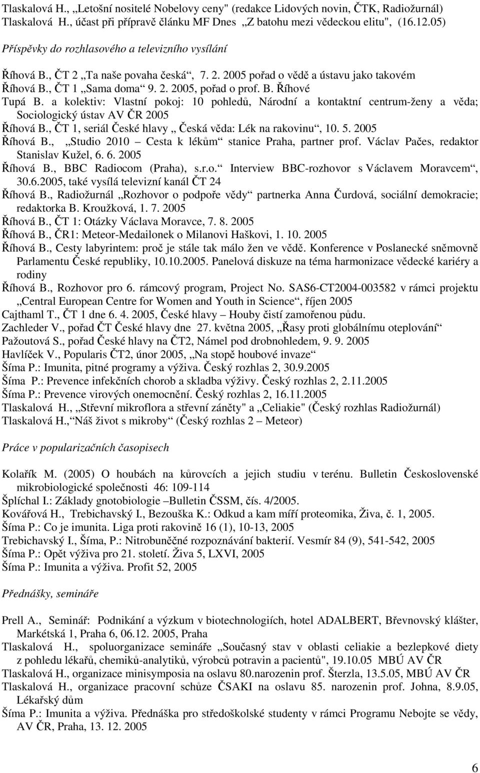 a kolektiv: Vlastní pokoj: 10 pohledů, Národní a kontaktní centrum-ženy a věda; Sociologický ústav AV ČR 2005 Říhová B., ČT 1, seriál České hlavy Česká věda: Lék na rakovinu, 10. 5. 2005 Říhová B., Studio 2010 Cesta k lékům stanice Praha, partner prof.