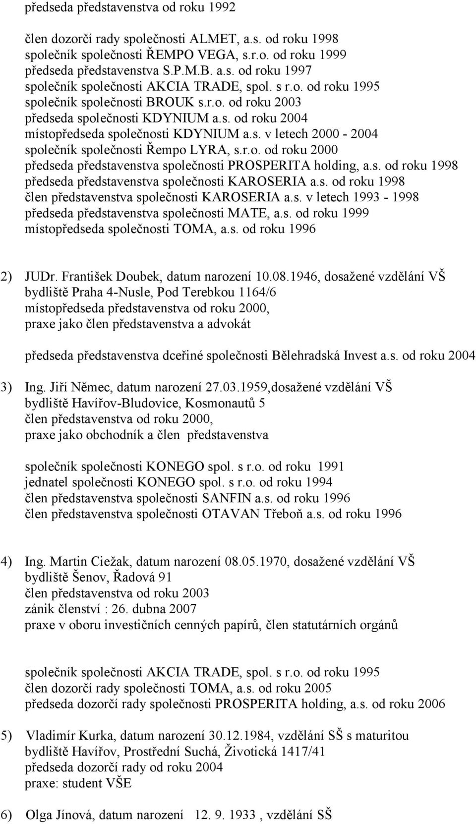 r.o. od roku 2000 předseda představenstva společnosti PROSPERITA holding, a.s. od roku 1998 předseda představenstva společnosti KAROSERIA a.s. od roku 1998 člen představenstva společnosti KAROSERIA a.