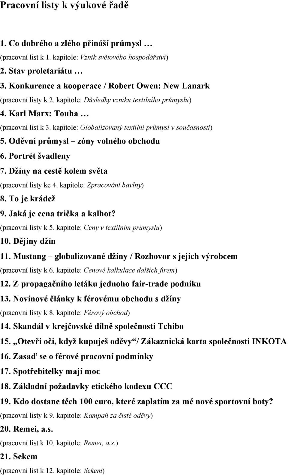 kapitole: Globalizovaný textilní průmysl v současnosti) 5. Oděvní průmysl zóny volného obchodu 6. Portrét švadleny 7. Džíny na cestě kolem světa (pracovní listy ke 4. kapitole: Zpracování bavlny) 8.