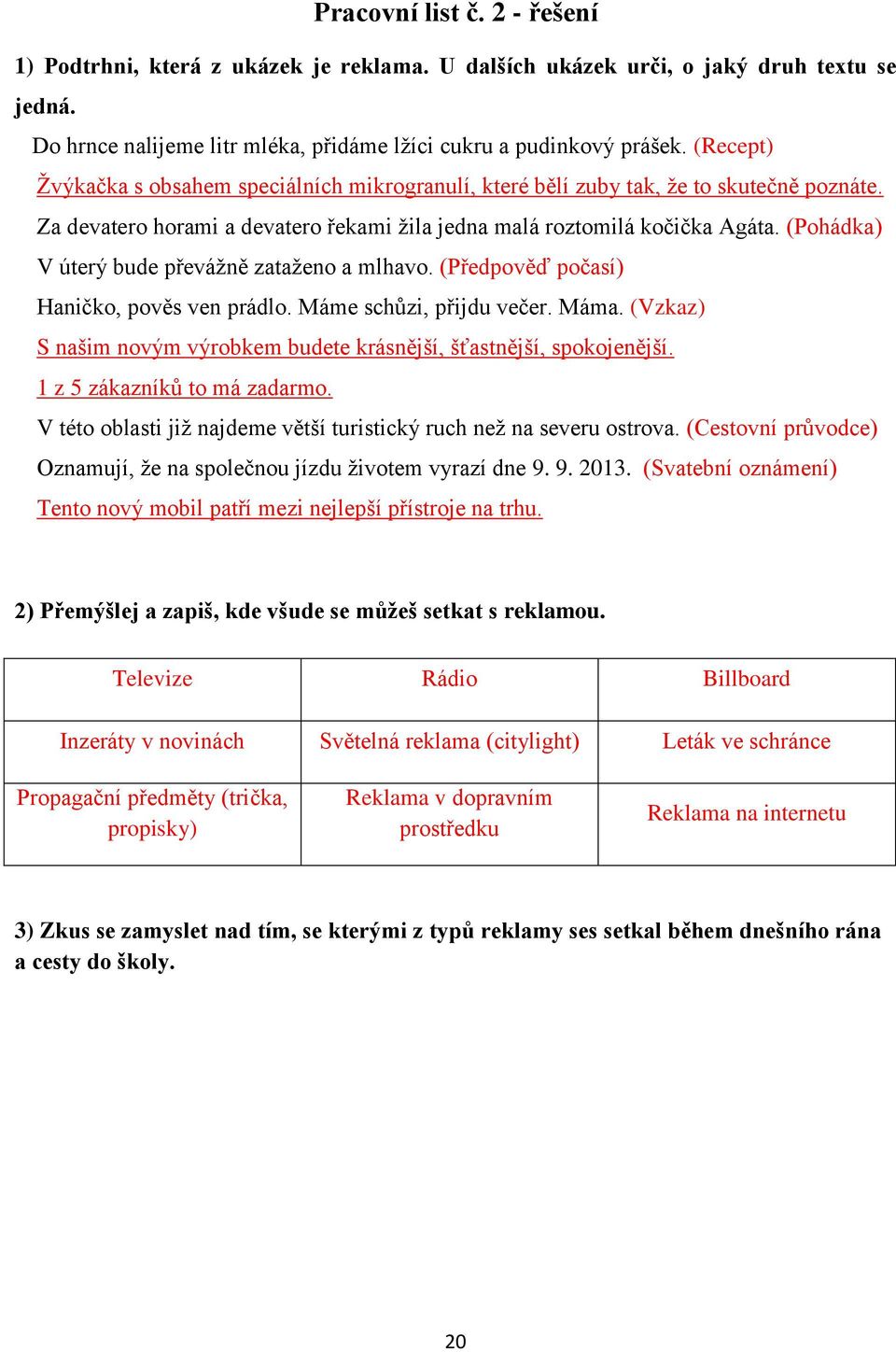 (Pohádka) V úterý bude převážně zataženo a mlhavo. (Předpověď počasí) Haničko, pověs ven prádlo. Máme schůzi, přijdu večer. Máma.