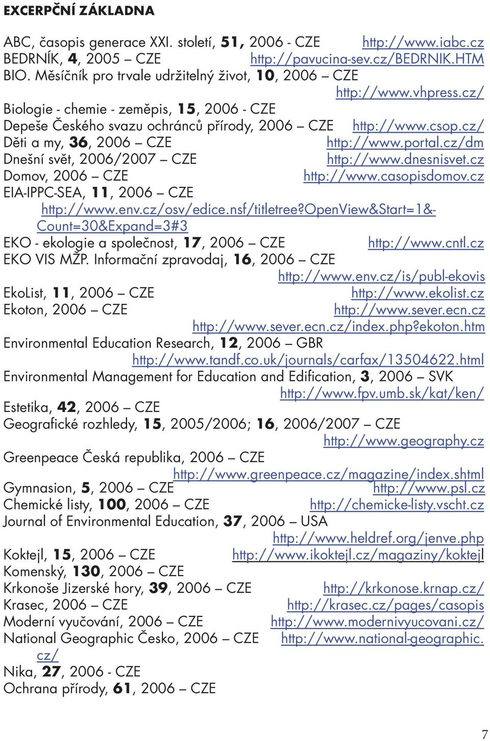 cz/ Děti a my, 36, 2006 CZE http://www.portal.cz/dm Dnešní svět, 2006/2007 CZE http://www.dnesnisvet.cz Domov, 2006 CZE http://www.casopisdomov.cz EIA-IPPC-SEA, 11, 2006 CZE http://www.env.