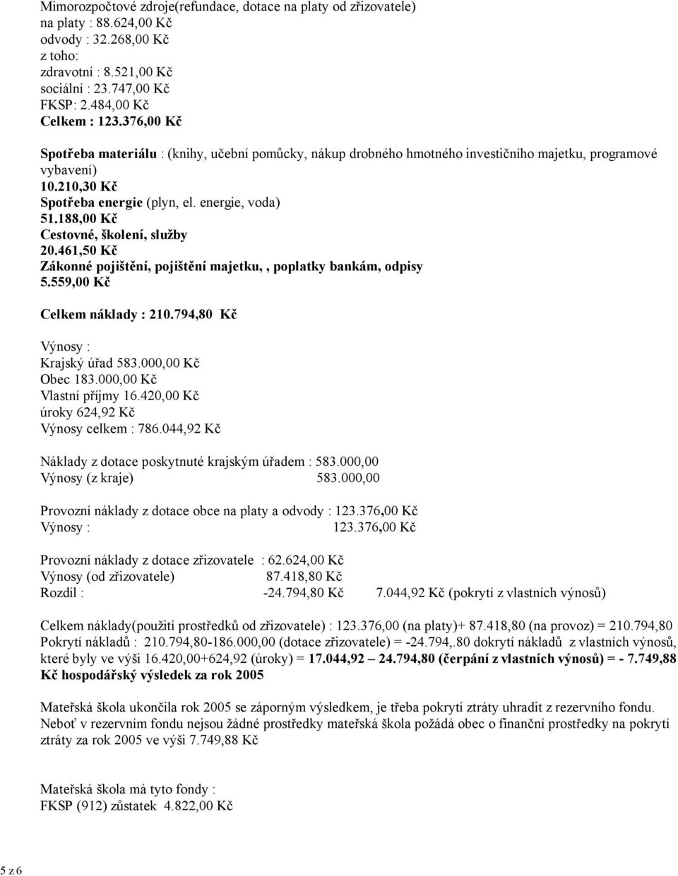 188,00 Kč Cestovné, školení, služby 20.461,50 Kč Zákonné pojištění, pojištění majetku,, poplatky bankám, odpisy 5.559,00 Kč Celkem náklady : 210.794,80 Kč Výnosy : Krajský úřad 583.000,00 Kč Obec 183.