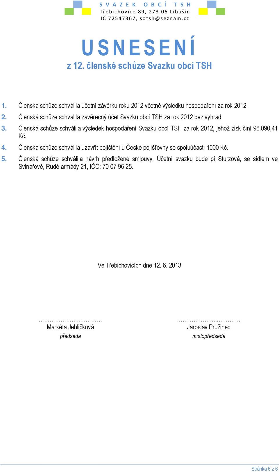 Členská schůze schválila výsledek hospodaření Svazku obcí TSH za rok 2012, jehož zisk činí 96.090,41 Kč. 4.