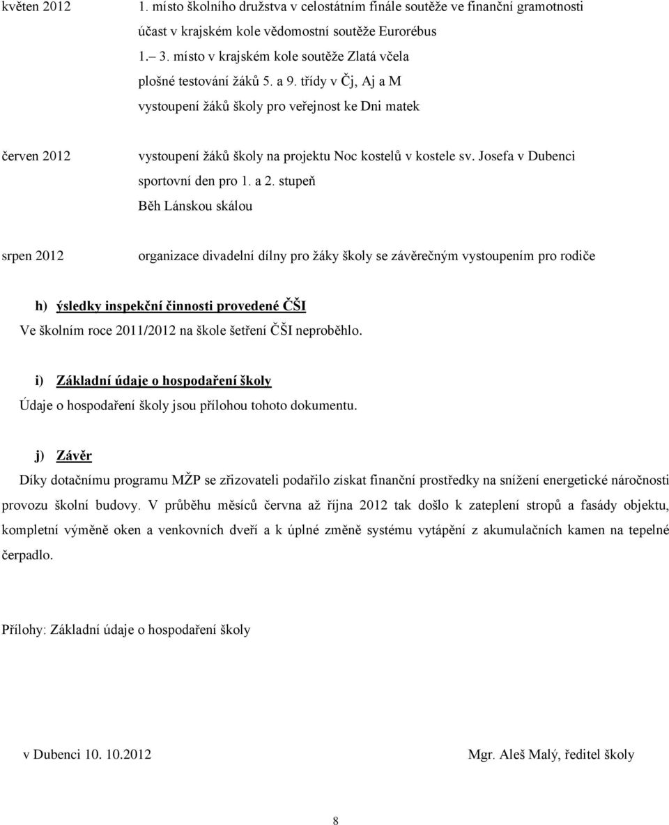 třídy v Čj, Aj a M vystoupení žáků školy pro veřejnost ke Dni matek červen 2012 vystoupení žáků školy na projektu Noc kostelů v kostele sv. Josefa v Dubenci sportovní den pro 1. a 2.