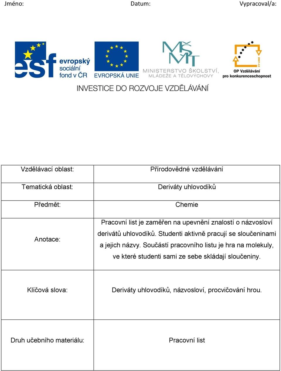 Studenti aktivně pracují se sloučeninami a jejich názvy.