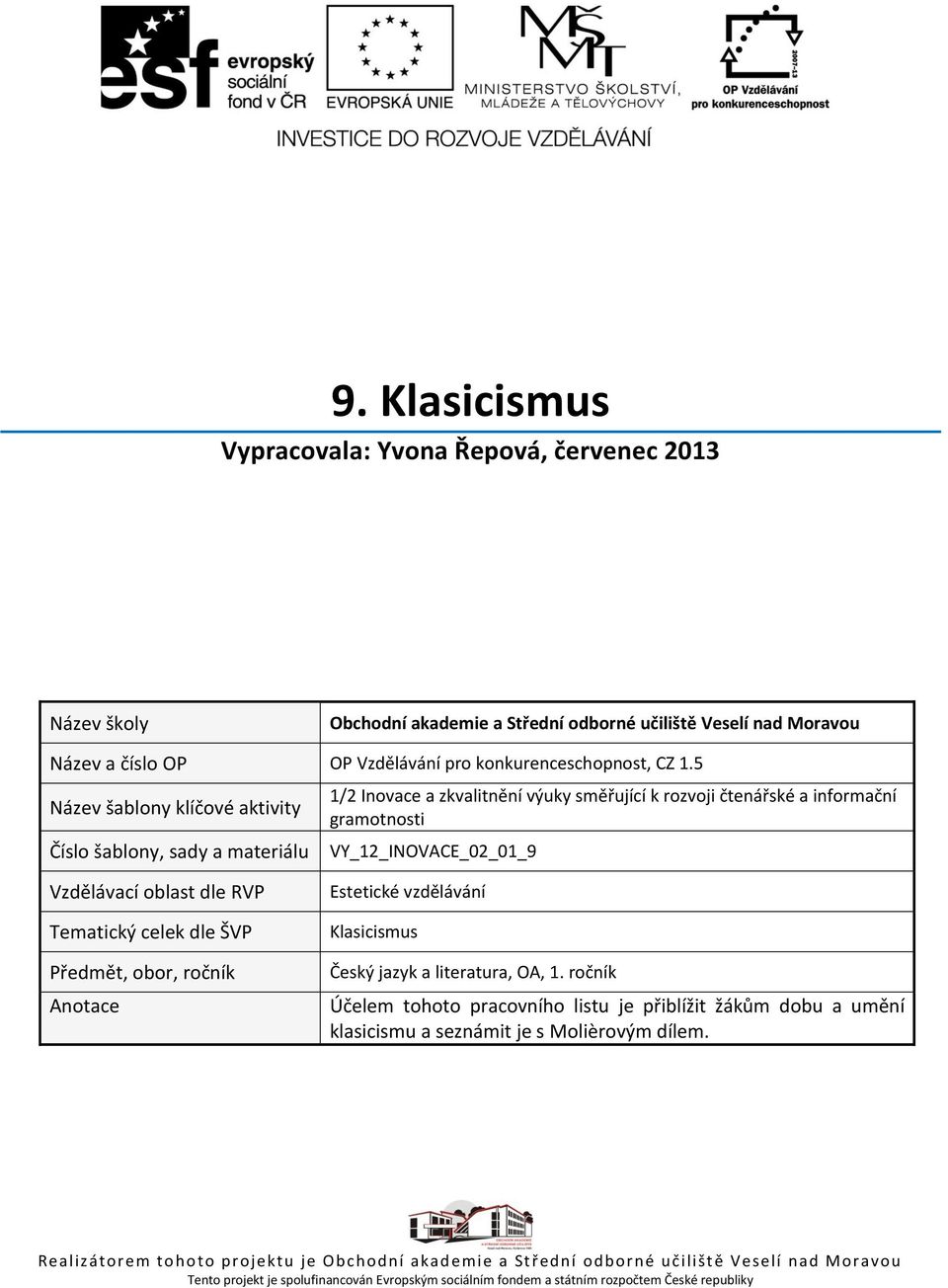 Tematický celek dle ŠVP Předmět, obor, ročník Anotace Estetické vzdělávání Klasicismus Český jazyk a literatura, OA, 1.