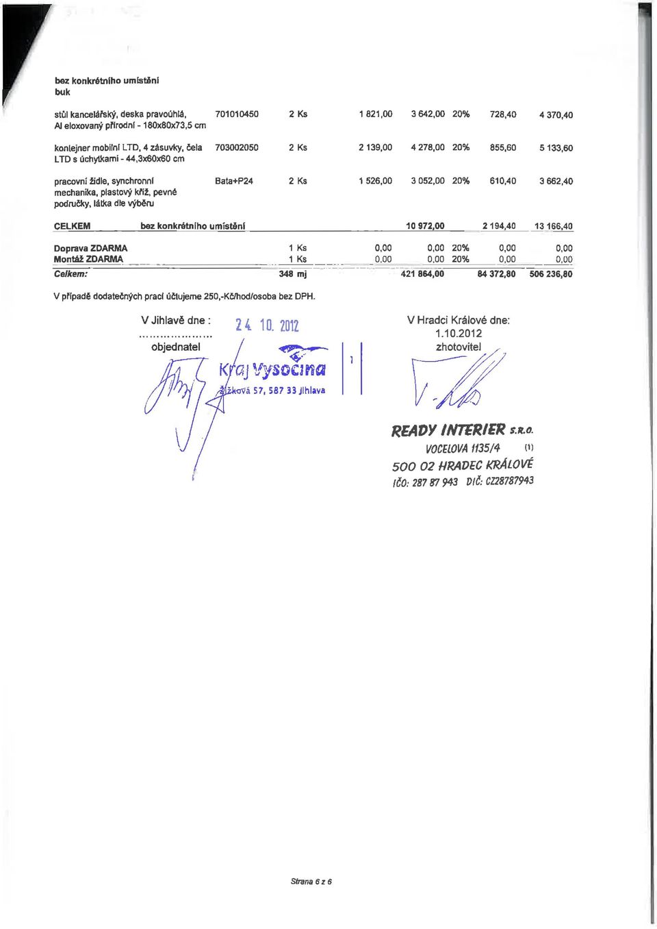 20% Celkem: 348 mj 421 864,00 84 372,80 506 236,80 V případě dodatečných prací účlujeme 250,-Kč/hod/osoba bez DPH.