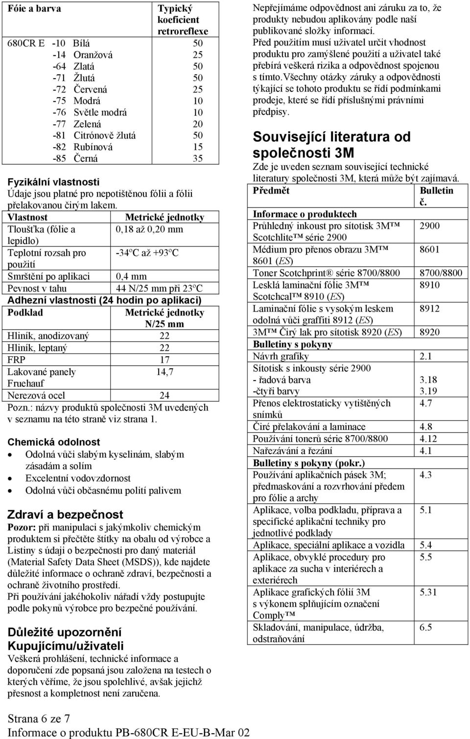 Vlastnost Metrické jednotky Tloušťka ( a 0,18 až 0,20 mm lepidlo) Teplotní rozsah pro -34ºC až +93ºC použití Smrštění po aplikaci 0,4 mm Pevnost v tahu 44 N/25 mm při 23ºC Adhezní vlastnosti (24