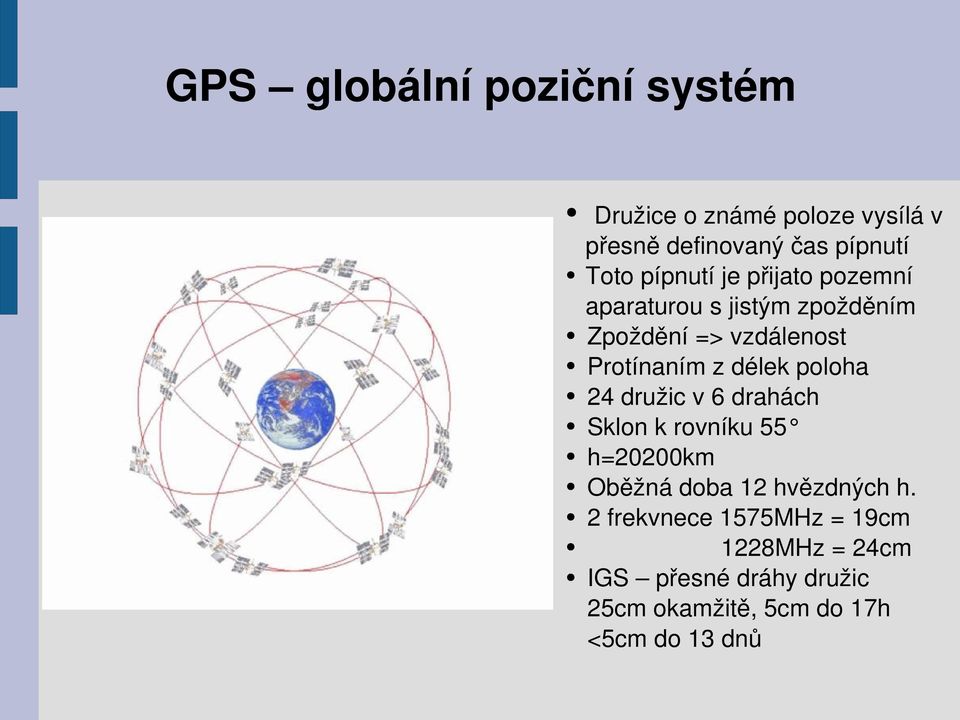 délek poloha 24 družic v 6 drahách Sklon k rovníku 55 h=20200km Oběžná doba 12 hvězdných h.