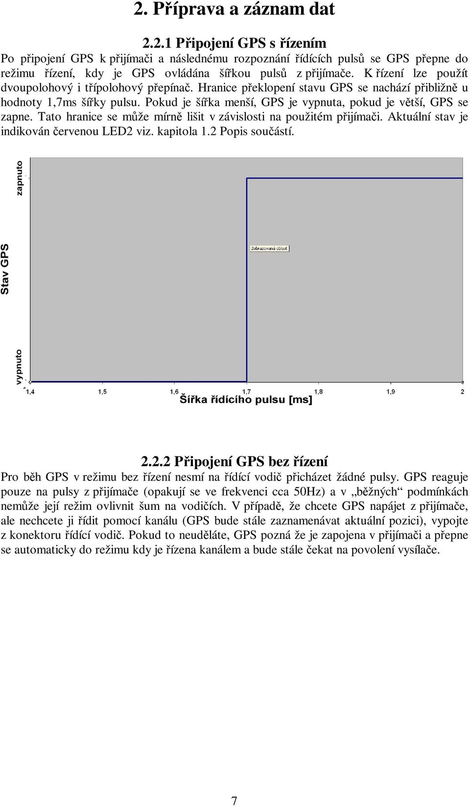 Pokud je šířka menší, GPS je vypnuta, pokud je větší, GPS se zapne. Tato hranice se může mírně lišit v závislosti na použitém přijímači. Aktuální stav je indikován červenou LED2 viz. kapitola 1.