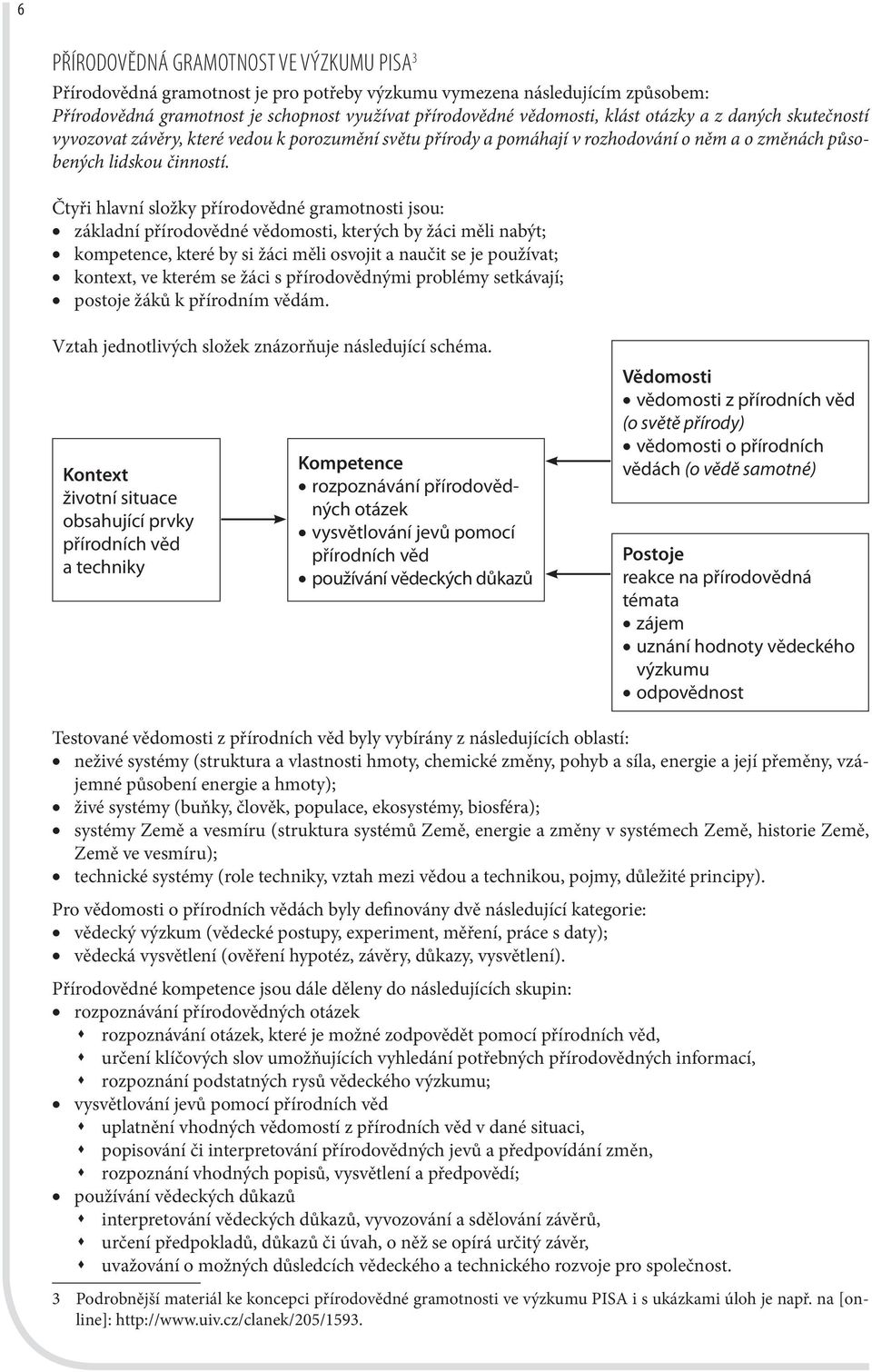 Čtyři hlavní složky přírodovědné gramotnosti jsou: základní přírodovědné vědomosti, kterých by žáci měli nabýt; kompetence, které by si žáci měli osvojit a naučit se je používat; kontext, ve kterém