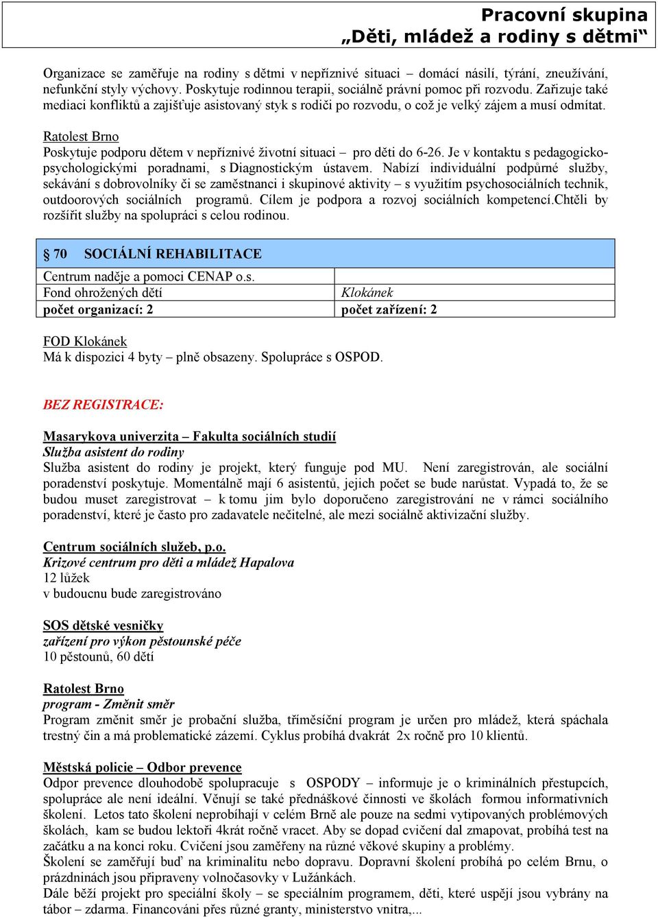 Ratolest Brno Poskytuje podporu dětem v nepříznivé životní situaci pro děti do 6-26. Je v kontaktu s pedagogickopsychologickými poradnami, s Diagnostickým ústavem.