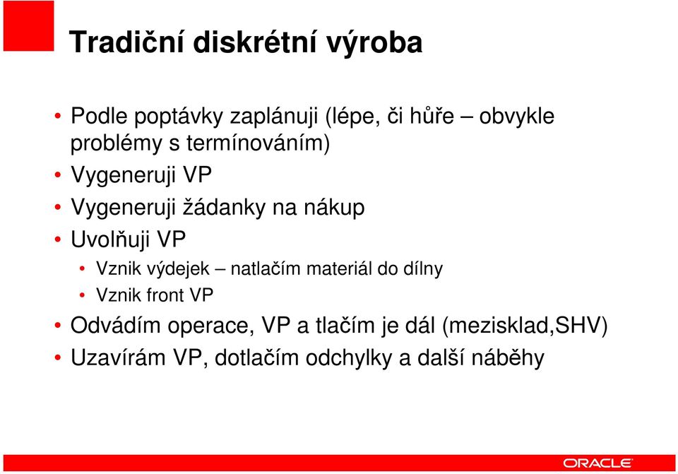 VP Vznik výdejek natlačím materiál do dílny Vznik front VP Odvádím operace,