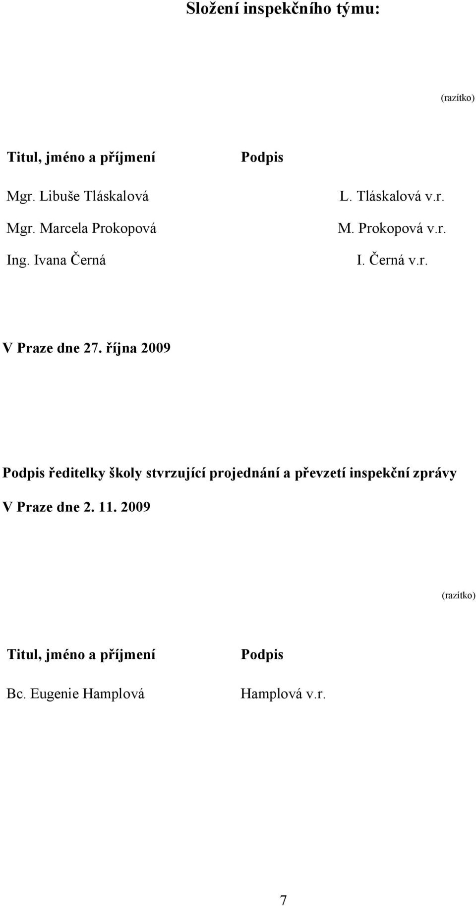 října 2009 Podpis ředitelky školy stvrzující projednání a převzetí inspekční zprávy V Praze dne