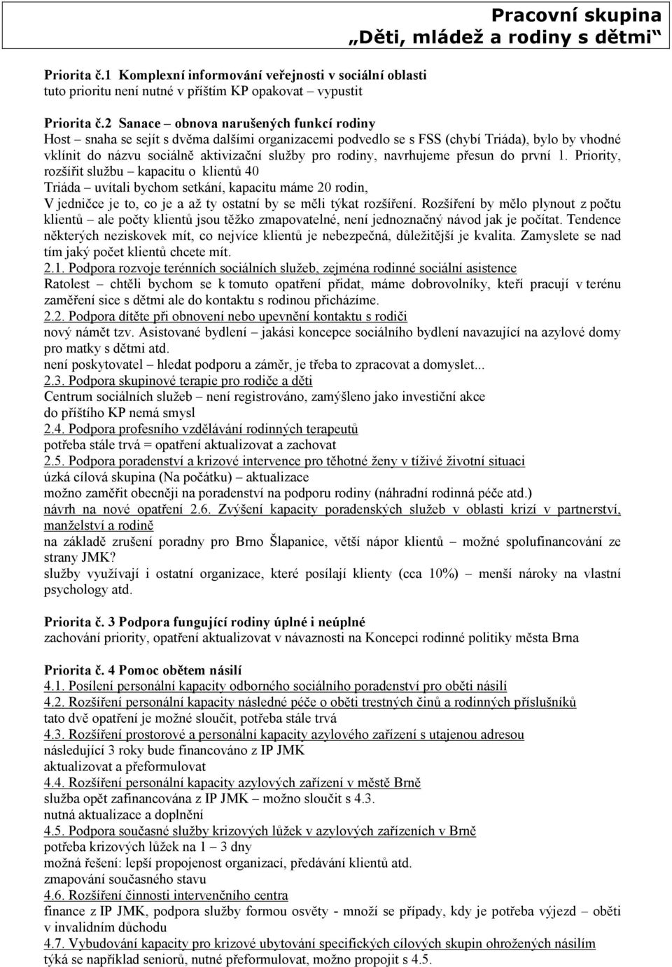 navrhujeme přesun do první 1. Priority, rozšířit službu kapacitu o klientů 40 Triáda uvítali bychom setkání, kapacitu máme 20 rodin, V jedničce je to, co je a až ty ostatní by se měli týkat rozšíření.